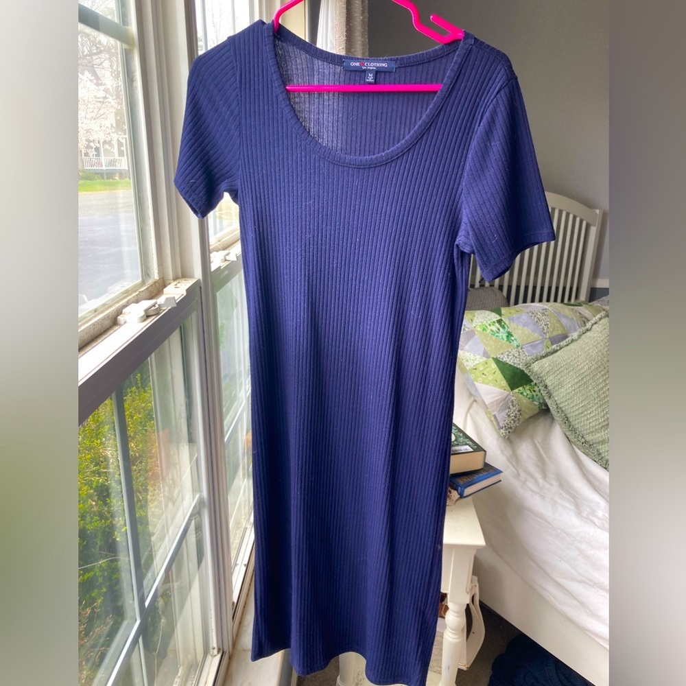 Ribbed Navy Blue Fitted MIDI Dress, One Clothing M